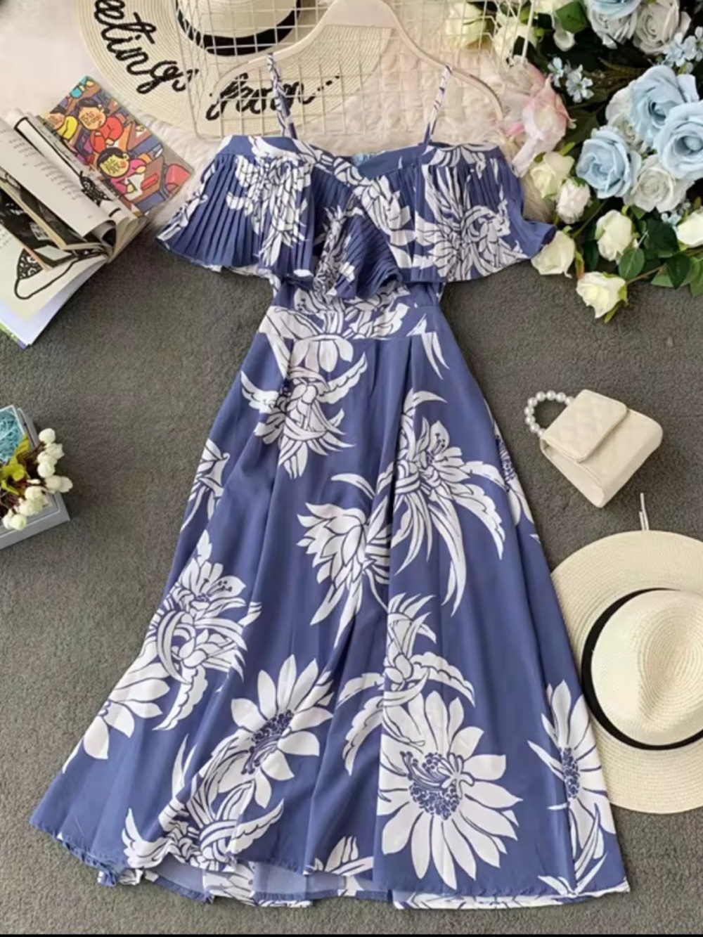 Off-Shoulder Blue Floral Maxi Dress